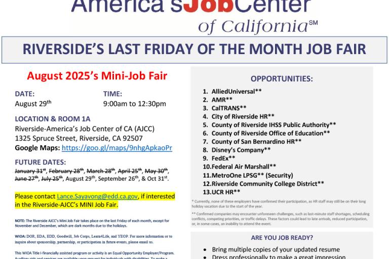 America's Job Center of California, August 29th, 9am-12:30pm, 1325 Spruce Street, Riverside, CA 92507