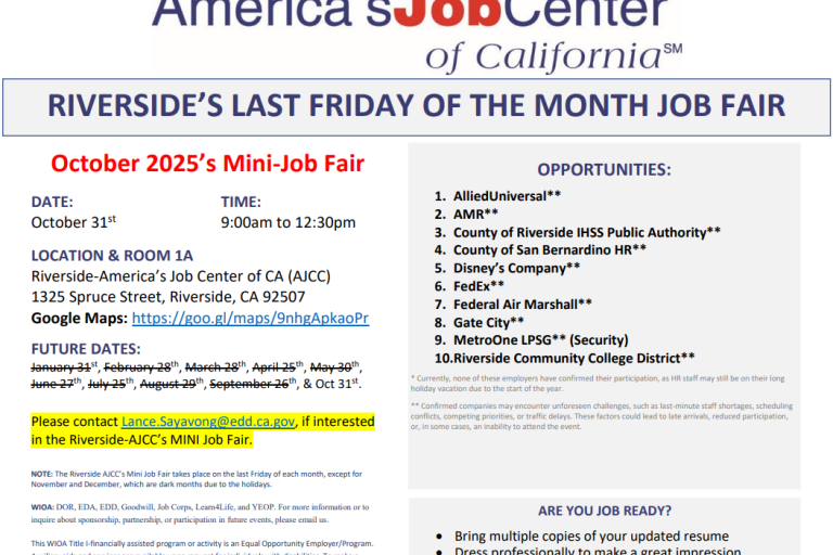 Flyer for Riverside’s Last Friday of the Month Job Fair, October 31, 2025, 9:00 AM–12:30 PM at Riverside-America’s Job Center. Employers include Disney, FedEx, AlliedUniversal, and more.