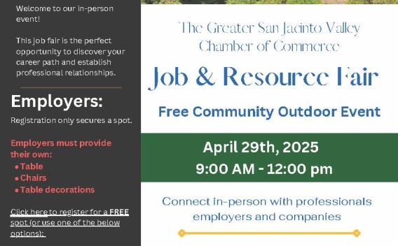 The Greater San Jacinto Valley Chamber of Commerce JOB FAIR