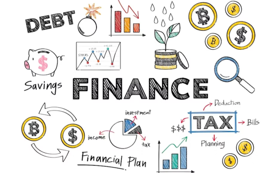 Bold title of the word Finance surrounded by images of money and bar graphs
