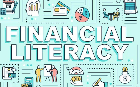 Title with the word Financial Literacy surrounded with images relating to finance