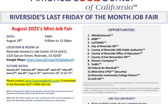 America's Job Center of California, August 29th, 9am-12:30pm, 1325 Spruce Street, Riverside, CA 92507
