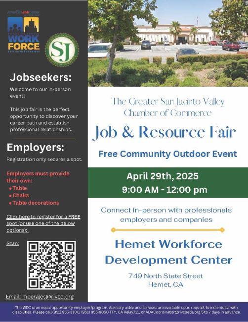 The Greater San Jacinto Valley Chamber of Commerce JOB FAIR