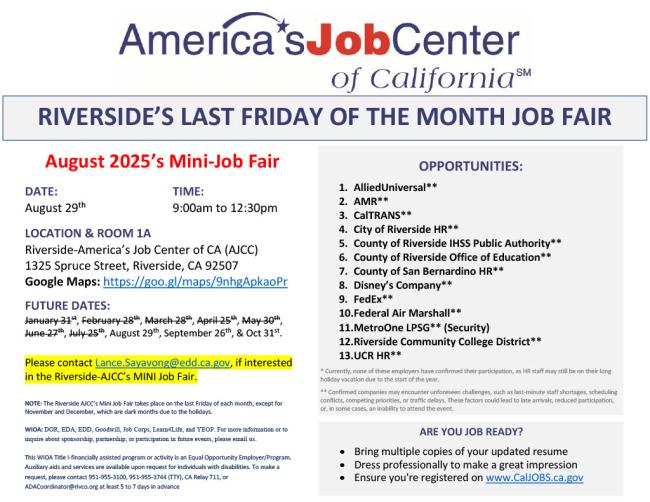 America's Job Center of California, August 29th, 9am-12:30pm, 1325 Spruce Street, Riverside, CA 92507