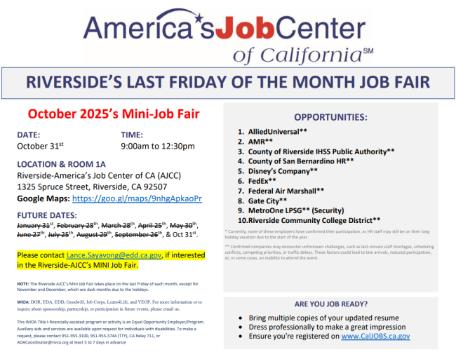 Flyer for Riverside’s Last Friday of the Month Job Fair, October 31, 2025, 9:00 AM–12:30 PM at Riverside-America’s Job Center. Employers include Disney, FedEx, AlliedUniversal, and more.